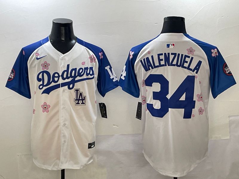 Men Los Angeles Dodgers #34 Valenzuela White Blue Sakura Edition 2025 Nike MLB Jersey style 9